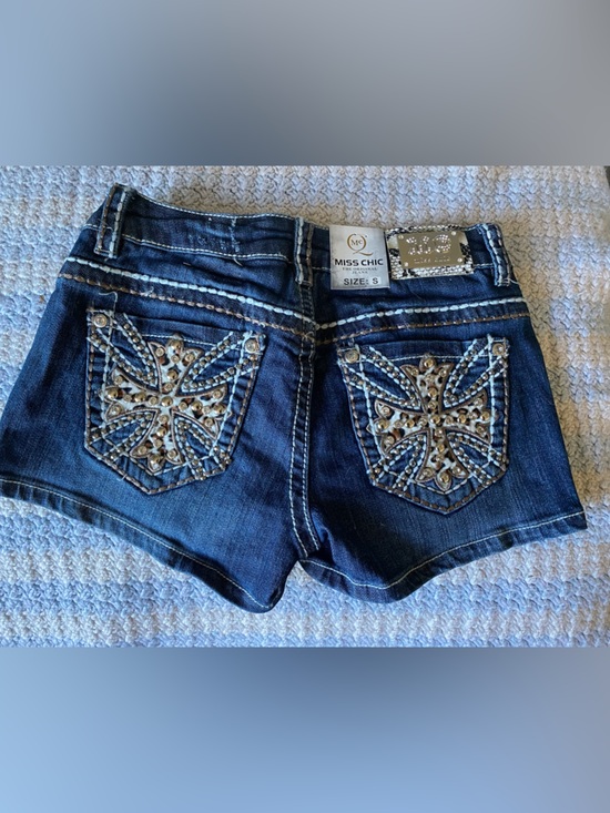 Miss Chic Jeans Pants - Miss Chic Dark Wash Denim Shorts Western Bling Cowgirl  & Cheetah Print